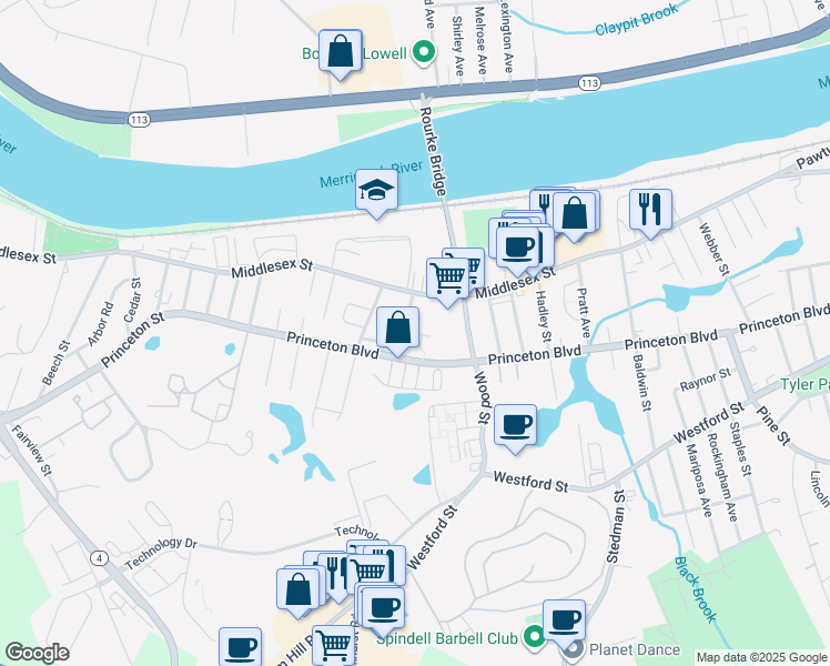map of restaurants, bars, coffee shops, grocery stores, and more near 725 Princeton Boulevard in Lowell