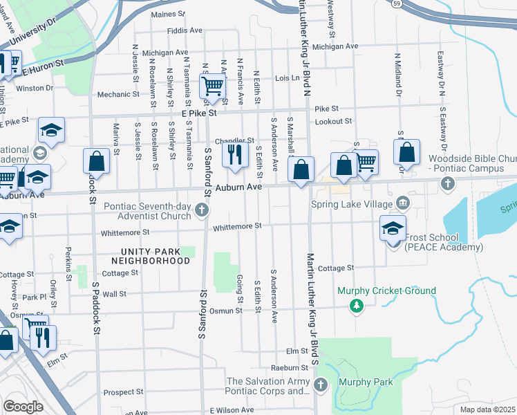 map of restaurants, bars, coffee shops, grocery stores, and more near 183 South Francis Street in Pontiac