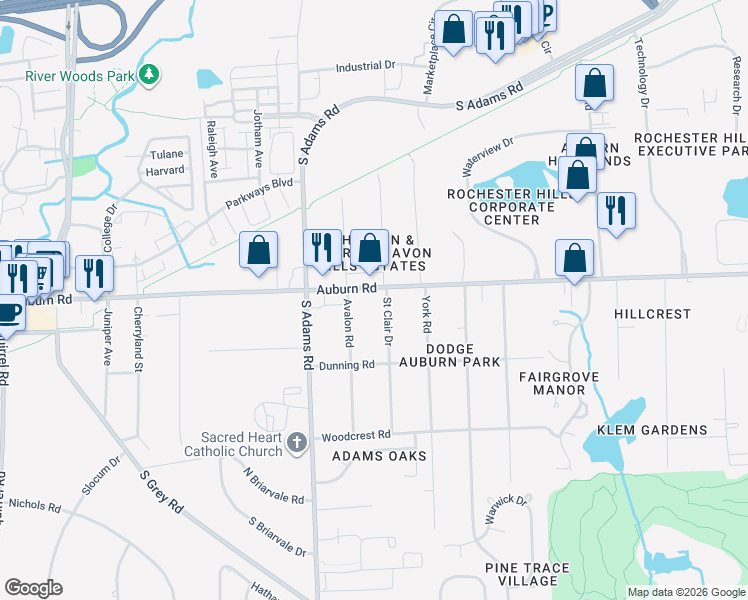 map of restaurants, bars, coffee shops, grocery stores, and more near 3037 Saint Clair Drive in Rochester Hills