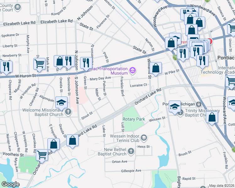 map of restaurants, bars, coffee shops, grocery stores, and more near 131 Palmer Street in Pontiac