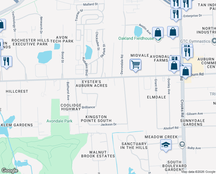 map of restaurants, bars, coffee shops, grocery stores, and more near 3045 Angara Drive in Rochester Hills