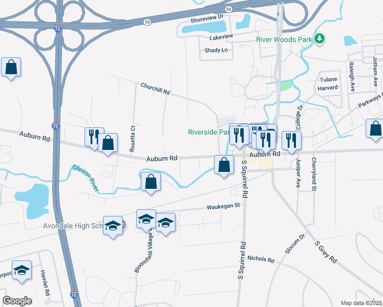 map of restaurants, bars, coffee shops, grocery stores, and more near 3055 Auburn Road in Auburn Hills