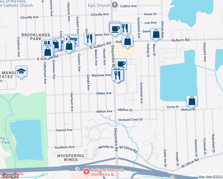 map of restaurants, bars, coffee shops, grocery stores, and more near 46241 Dequindre Road in Rochester Hills