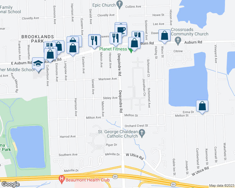 map of restaurants, bars, coffee shops, grocery stores, and more near 46243 Dequindre Road in Rochester Hills