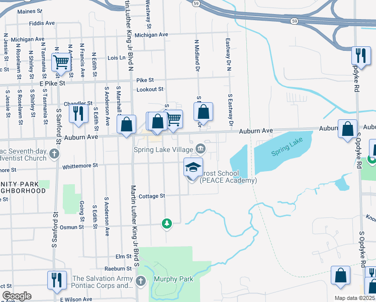 map of restaurants, bars, coffee shops, grocery stores, and more near 751 Whittemore Street in Pontiac