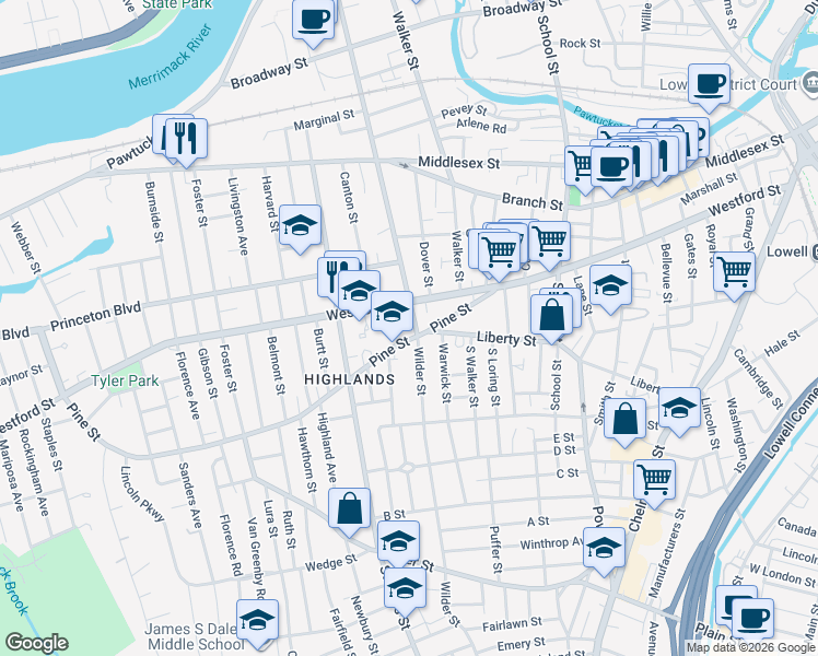 map of restaurants, bars, coffee shops, grocery stores, and more near 426 Westford Street in Lowell