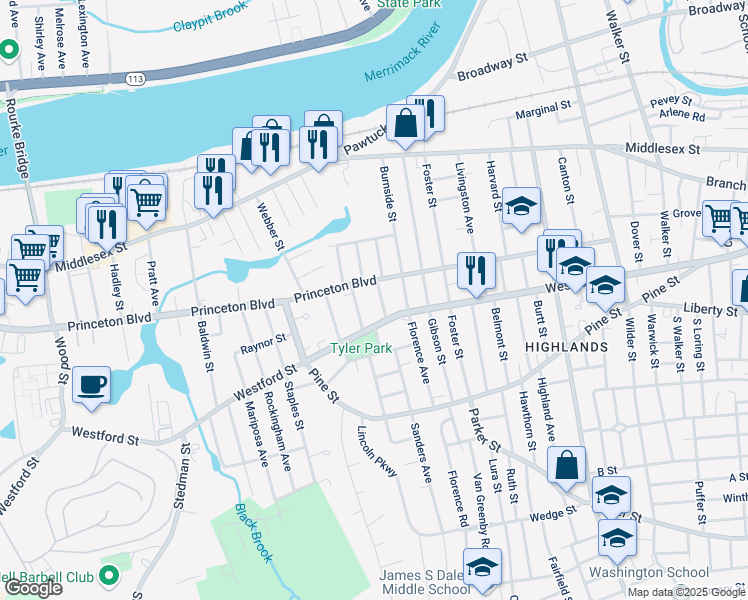 map of restaurants, bars, coffee shops, grocery stores, and more near 24 Holden Street in Lowell