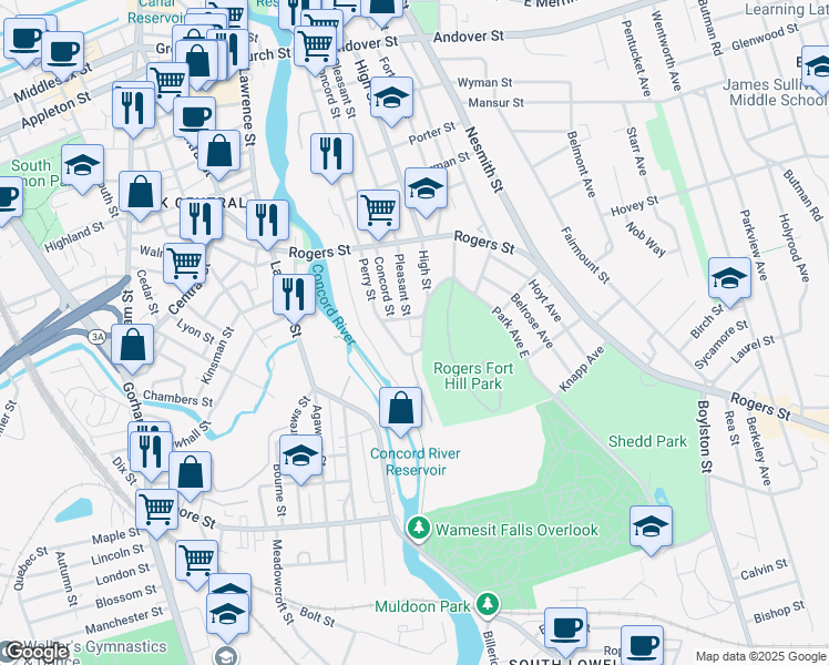 map of restaurants, bars, coffee shops, grocery stores, and more near 280 Pleasant Street in Lowell
