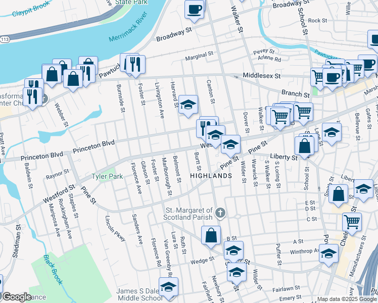 map of restaurants, bars, coffee shops, grocery stores, and more near 18 Edson Street in Lowell