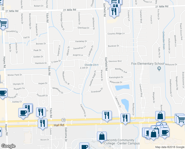 map of restaurants, bars, coffee shops, grocery stores, and more near 45781 Heather Ridge Drive in Macomb