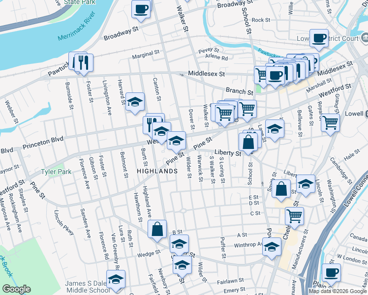 map of restaurants, bars, coffee shops, grocery stores, and more near 426 Westford Street in Lowell