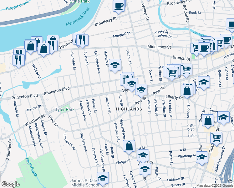 map of restaurants, bars, coffee shops, grocery stores, and more near 18 Edson Street in Lowell