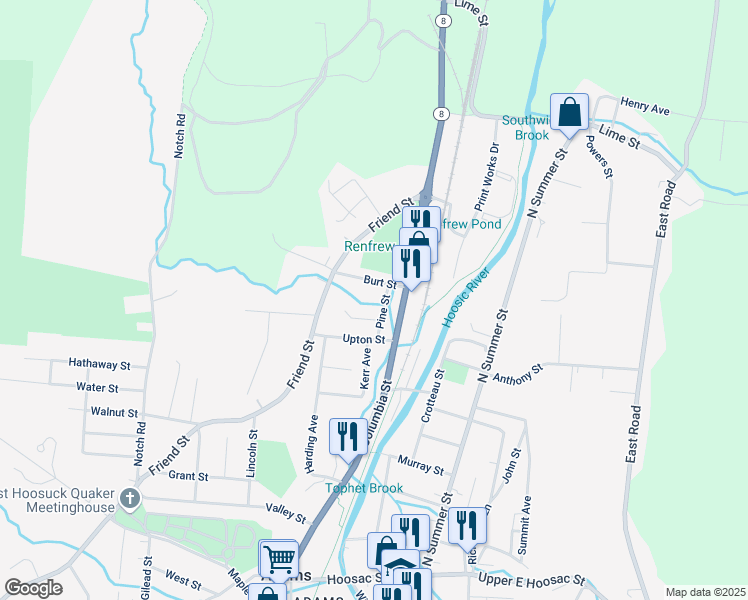 map of restaurants, bars, coffee shops, grocery stores, and more near 1 Burt Street in Adams