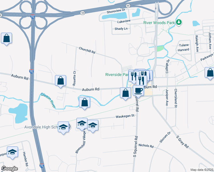 map of restaurants, bars, coffee shops, grocery stores, and more near 3005 Auburn Road in Auburn Hills