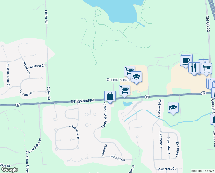 map of restaurants, bars, coffee shops, grocery stores, and more near 9501 East Highland Road in Howell