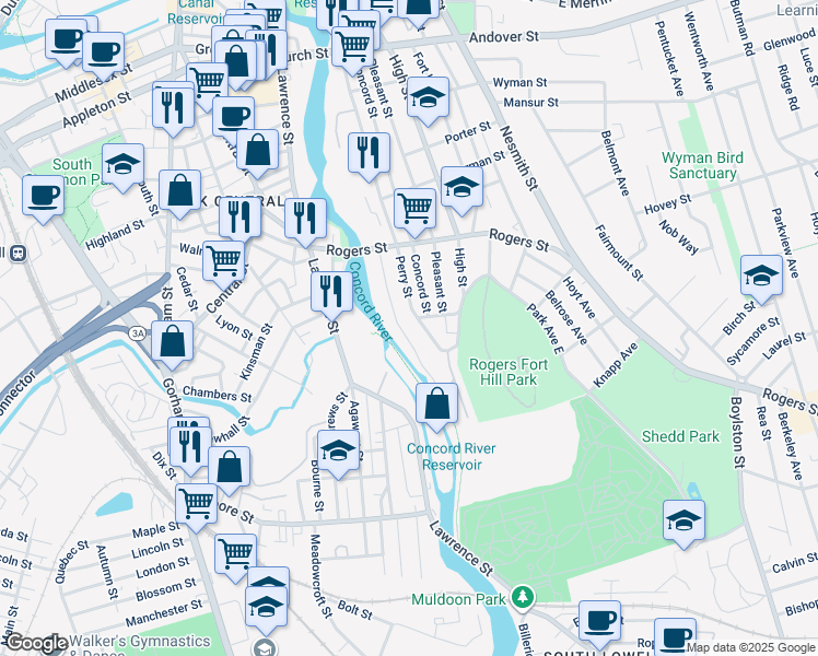 map of restaurants, bars, coffee shops, grocery stores, and more near 267R Perry Street in Lowell