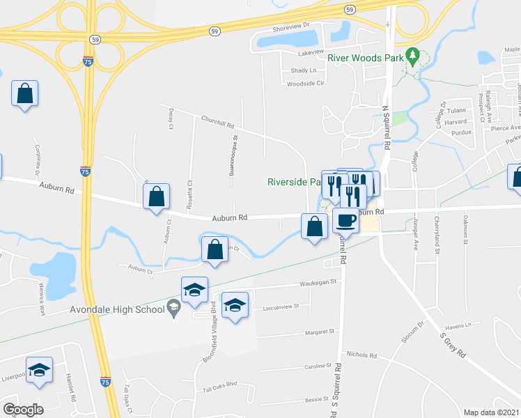 map of restaurants, bars, coffee shops, grocery stores, and more near 3005 Auburn Road in Auburn Hills