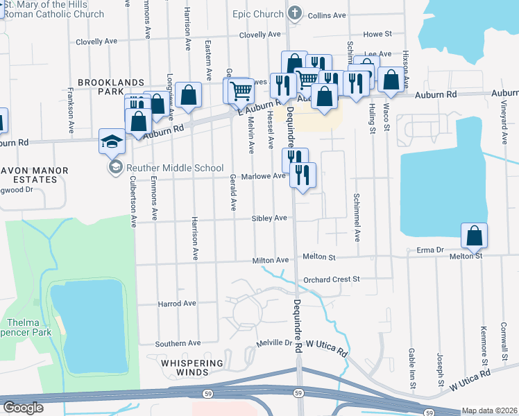 map of restaurants, bars, coffee shops, grocery stores, and more near 3179 Melvin Avenue in Rochester Hills