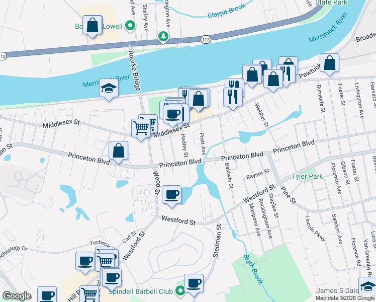 map of restaurants, bars, coffee shops, grocery stores, and more near 54 Hadley Street in Lowell