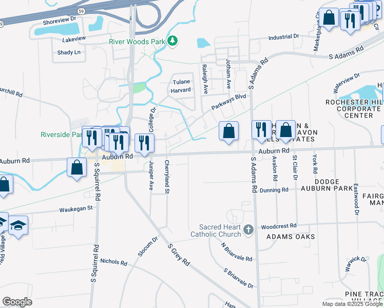 map of restaurants, bars, coffee shops, grocery stores, and more near 3709 Auburn Road in Auburn Hills