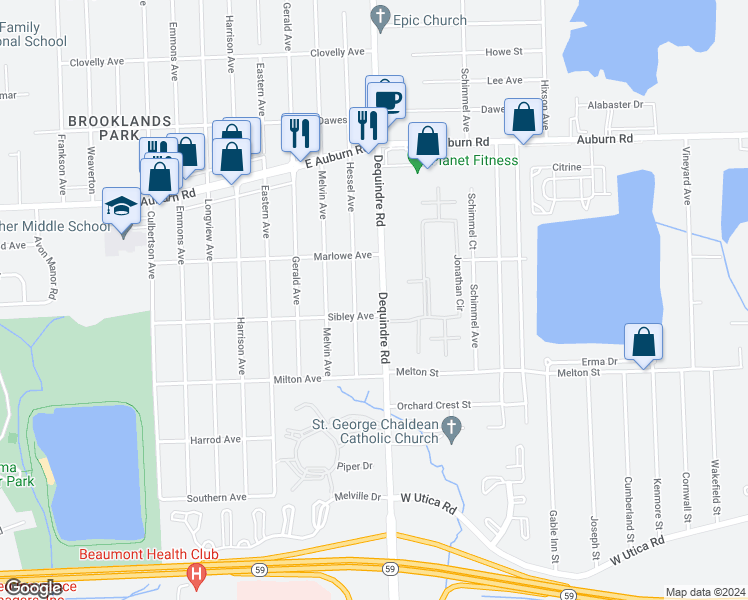 map of restaurants, bars, coffee shops, grocery stores, and more near 46263 Dequindre Road in Rochester Hills