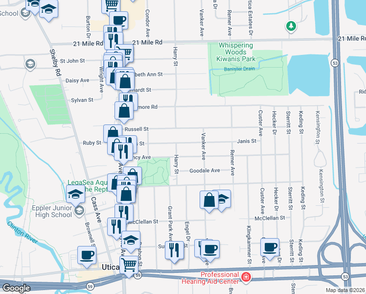 map of restaurants, bars, coffee shops, grocery stores, and more near 8563 Janis Street in Macomb County