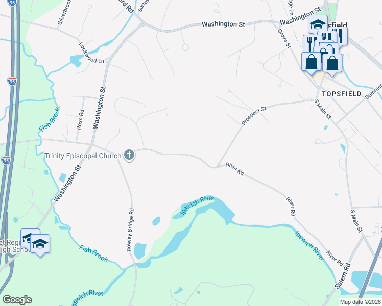 map of restaurants, bars, coffee shops, grocery stores, and more near 95 River Road in Topsfield