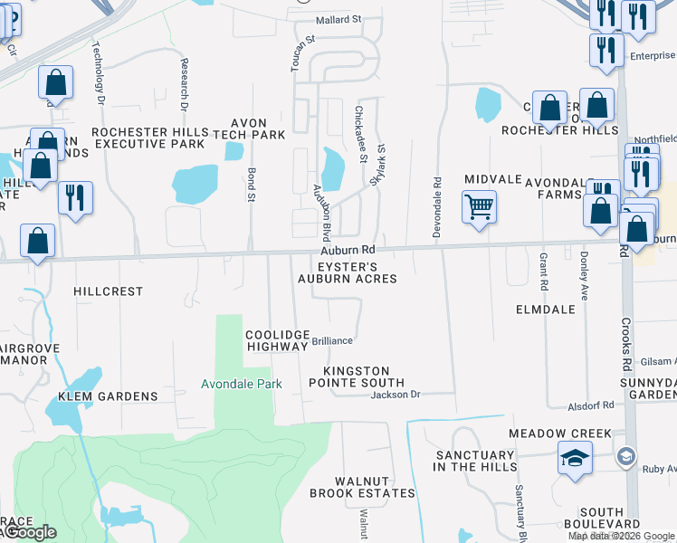 map of restaurants, bars, coffee shops, grocery stores, and more near 2593 W Auburn Rd in Rochester Hills