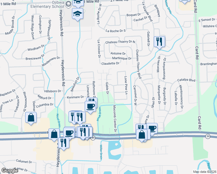 map of restaurants, bars, coffee shops, grocery stores, and more near 45670 Gable Drive in Macomb