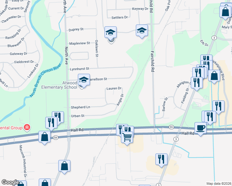map of restaurants, bars, coffee shops, grocery stores, and more near 23648 Lauren Drive in Macomb