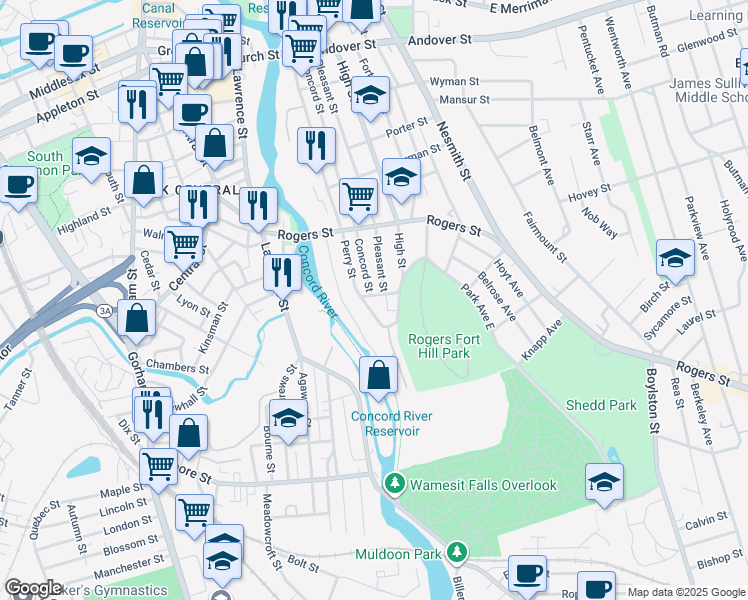 map of restaurants, bars, coffee shops, grocery stores, and more near 280 Pleasant Street in Lowell