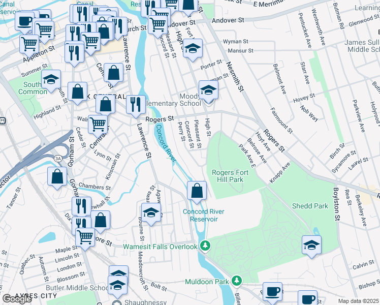 map of restaurants, bars, coffee shops, grocery stores, and more near 267R Perry Street in Lowell