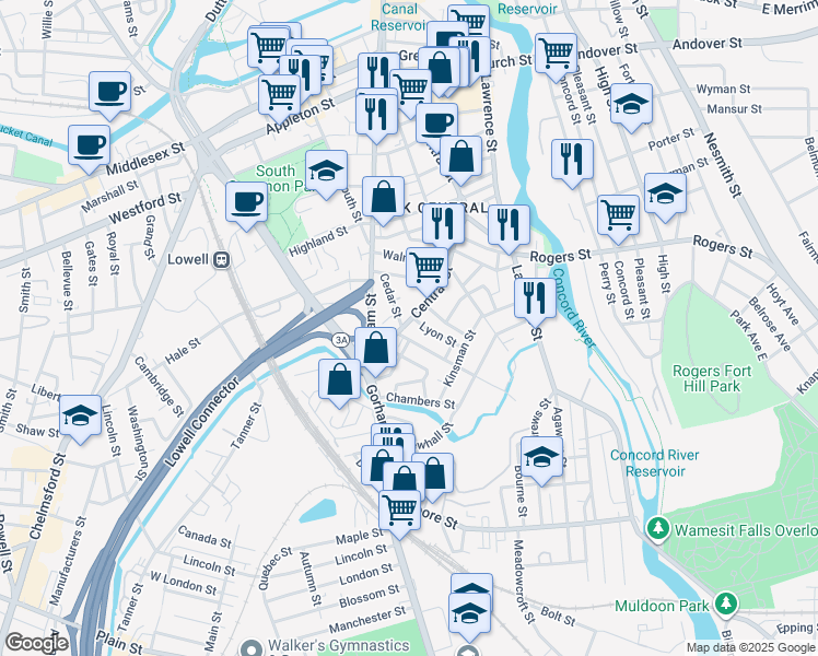 map of restaurants, bars, coffee shops, grocery stores, and more near 906 Central Street in Lowell