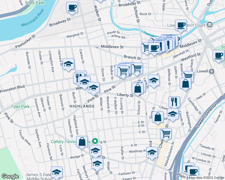 map of restaurants, bars, coffee shops, grocery stores, and more near 386 Westford Street in Lowell