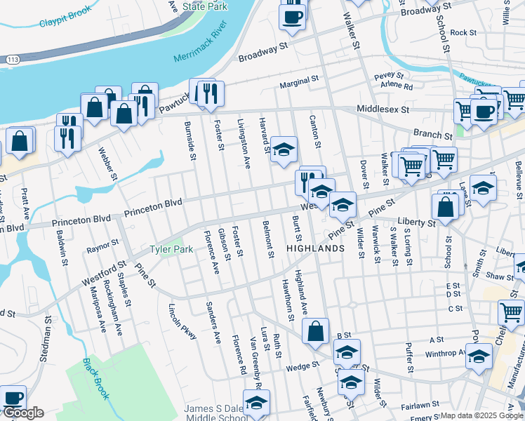 map of restaurants, bars, coffee shops, grocery stores, and more near 20 Windsor Street in Lowell