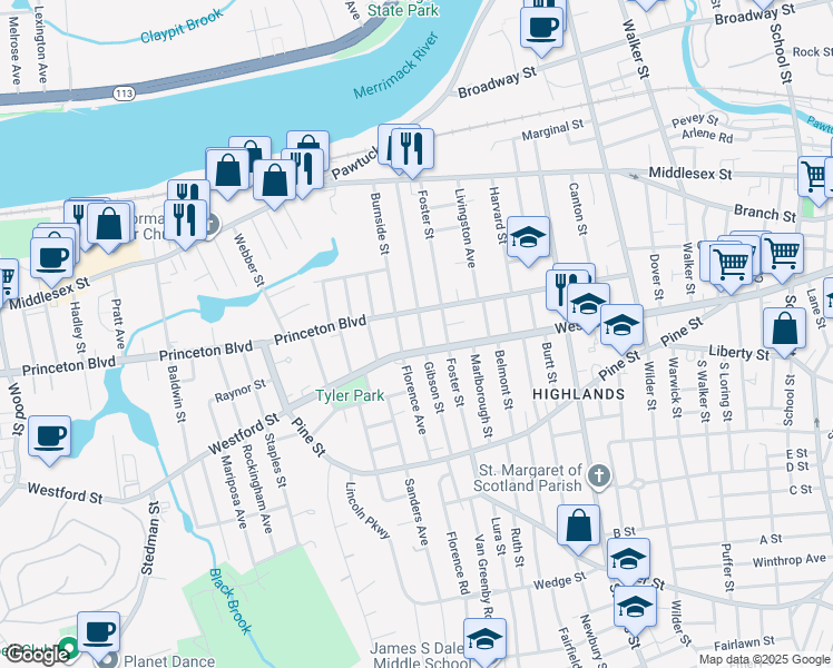 map of restaurants, bars, coffee shops, grocery stores, and more near 236 Princeton Boulevard in Lowell