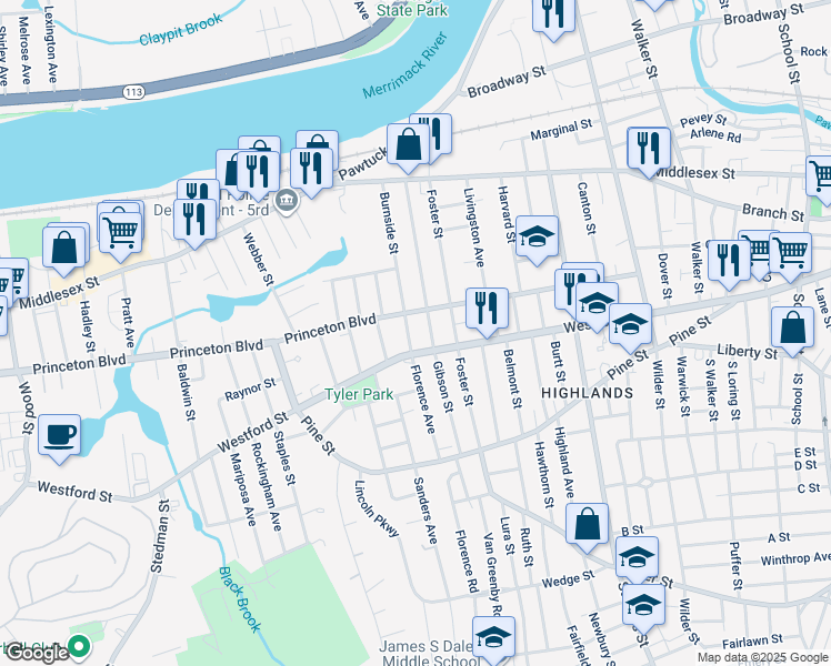 map of restaurants, bars, coffee shops, grocery stores, and more near 236 Princeton Boulevard in Lowell