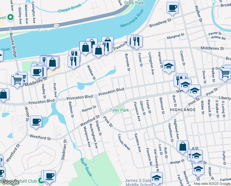 map of restaurants, bars, coffee shops, grocery stores, and more near 309 Princeton Boulevard in Lowell