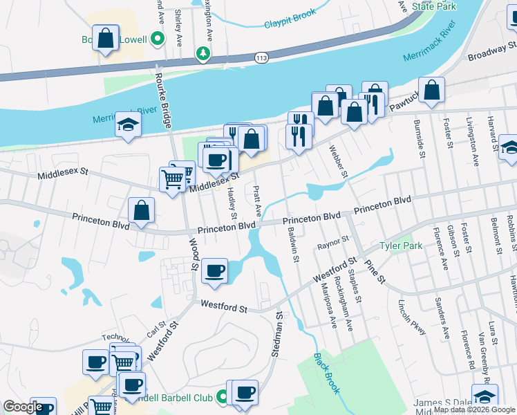 map of restaurants, bars, coffee shops, grocery stores, and more near 26 Reiss Avenue in Lowell