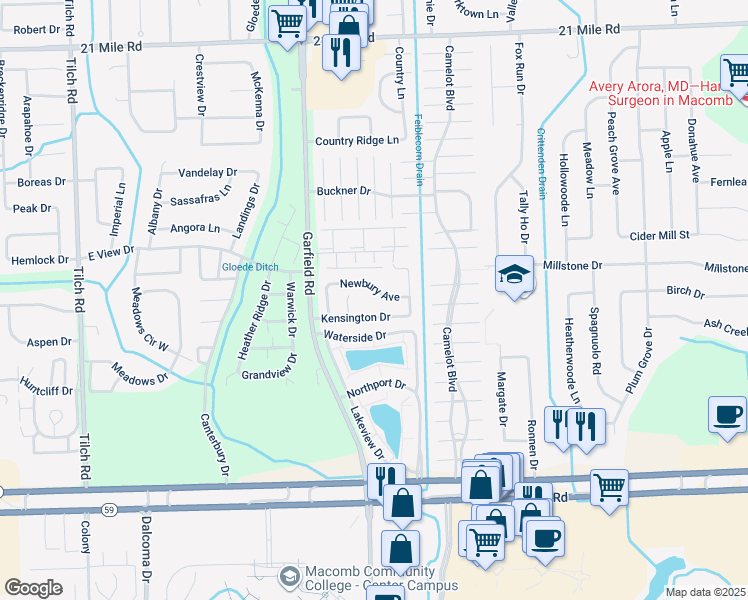 map of restaurants, bars, coffee shops, grocery stores, and more near 16839 Newbury Avenue in Macomb