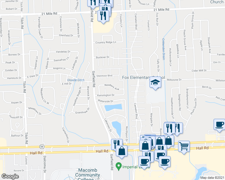 map of restaurants, bars, coffee shops, grocery stores, and more near 16839 Newbury Avenue in Macomb