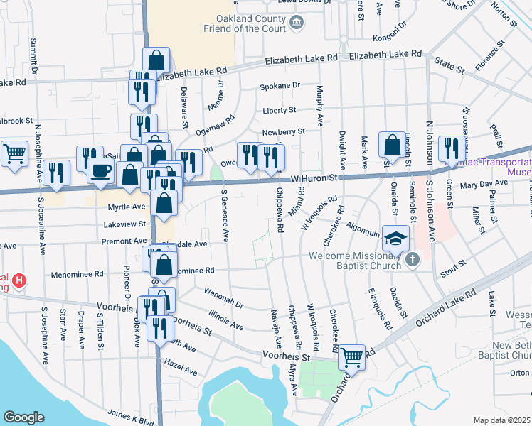 map of restaurants, bars, coffee shops, grocery stores, and more near 719 West Huron Street in Pontiac