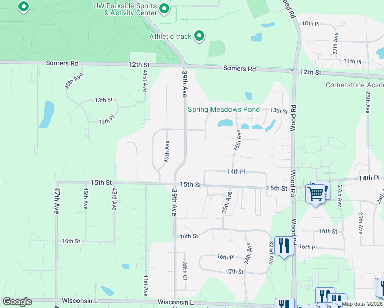 map of restaurants, bars, coffee shops, grocery stores, and more near 1332 39th Avenue in Kenosha