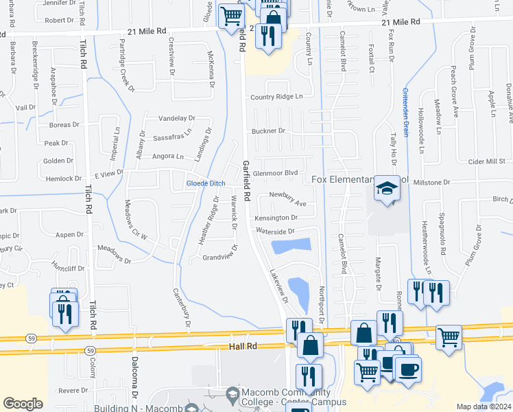 map of restaurants, bars, coffee shops, grocery stores, and more near 45841 Eden Drive in Macomb