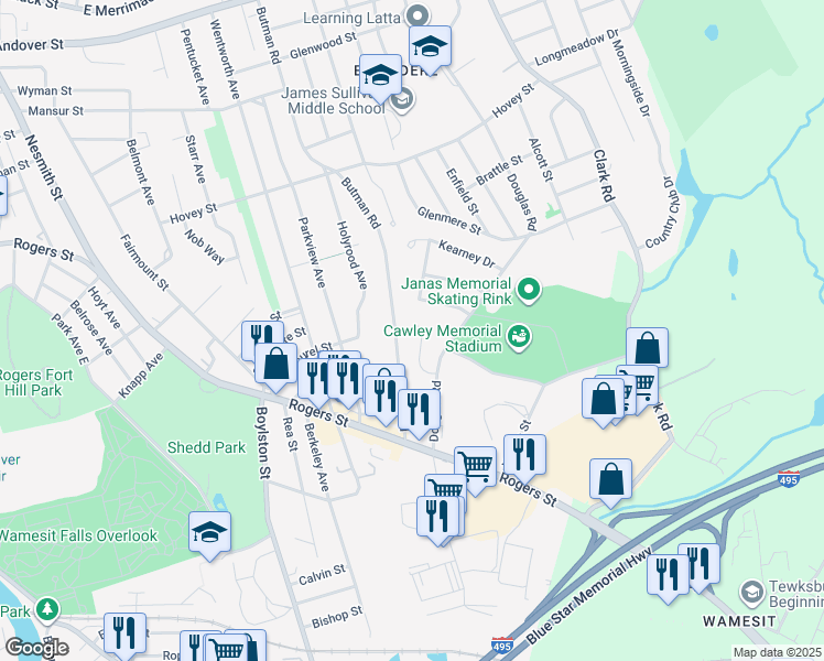map of restaurants, bars, coffee shops, grocery stores, and more near 369 Butman Road in Lowell