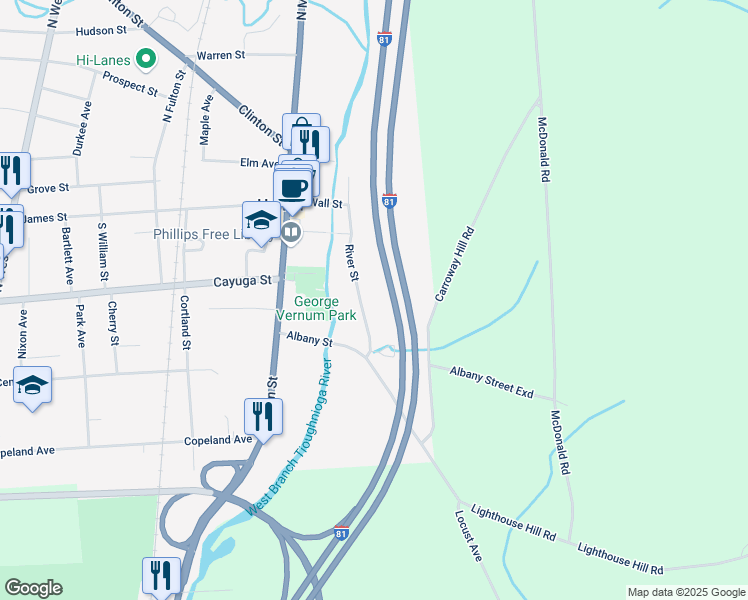 map of restaurants, bars, coffee shops, grocery stores, and more near 37 River Street in Homer