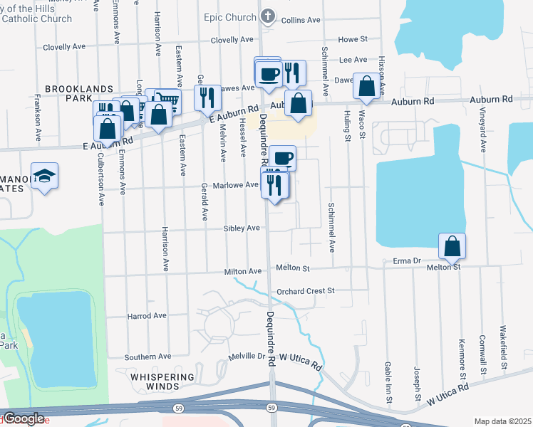 map of restaurants, bars, coffee shops, grocery stores, and more near 46280 Dequindre Road in Rochester Hills