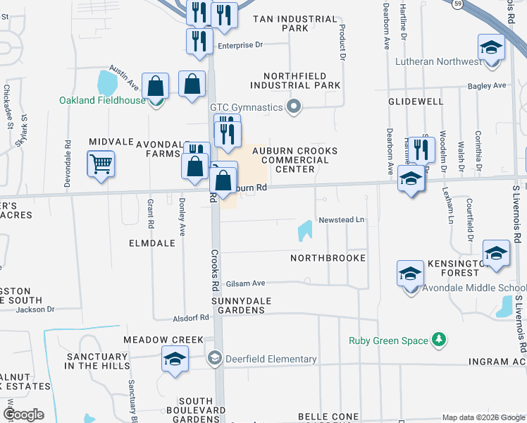 map of restaurants, bars, coffee shops, grocery stores, and more near 1815 West Auburn Road in Rochester Hills
