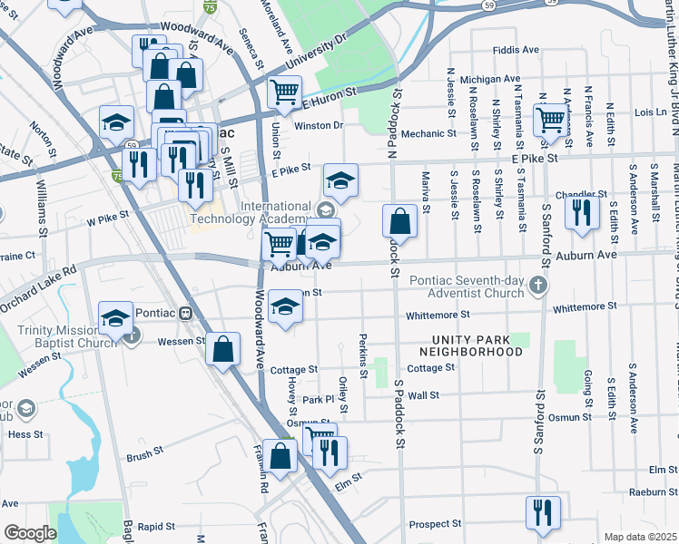 map of restaurants, bars, coffee shops, grocery stores, and more near 175 Auburn Avenue in Pontiac