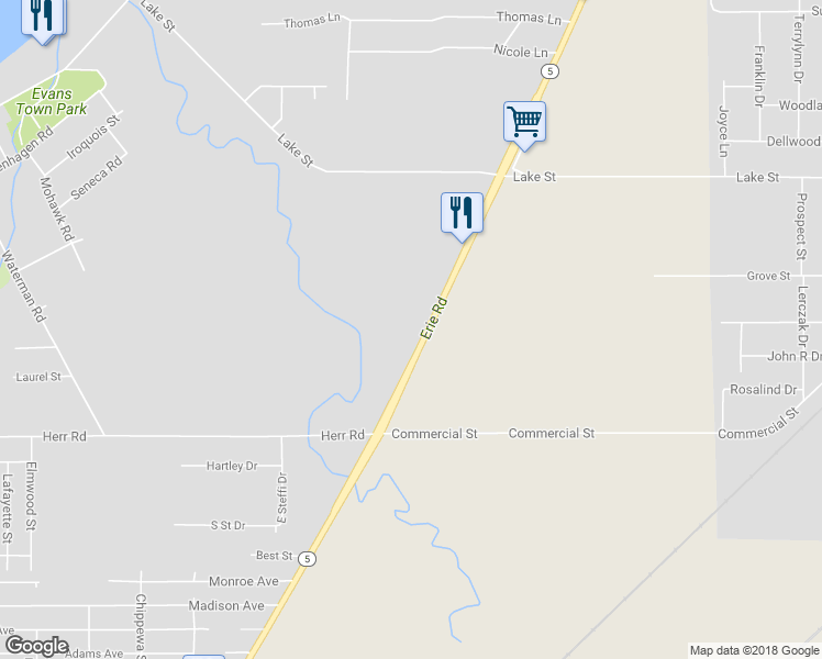 map of restaurants, bars, coffee shops, grocery stores, and more near 9166 Erie Road in Angola